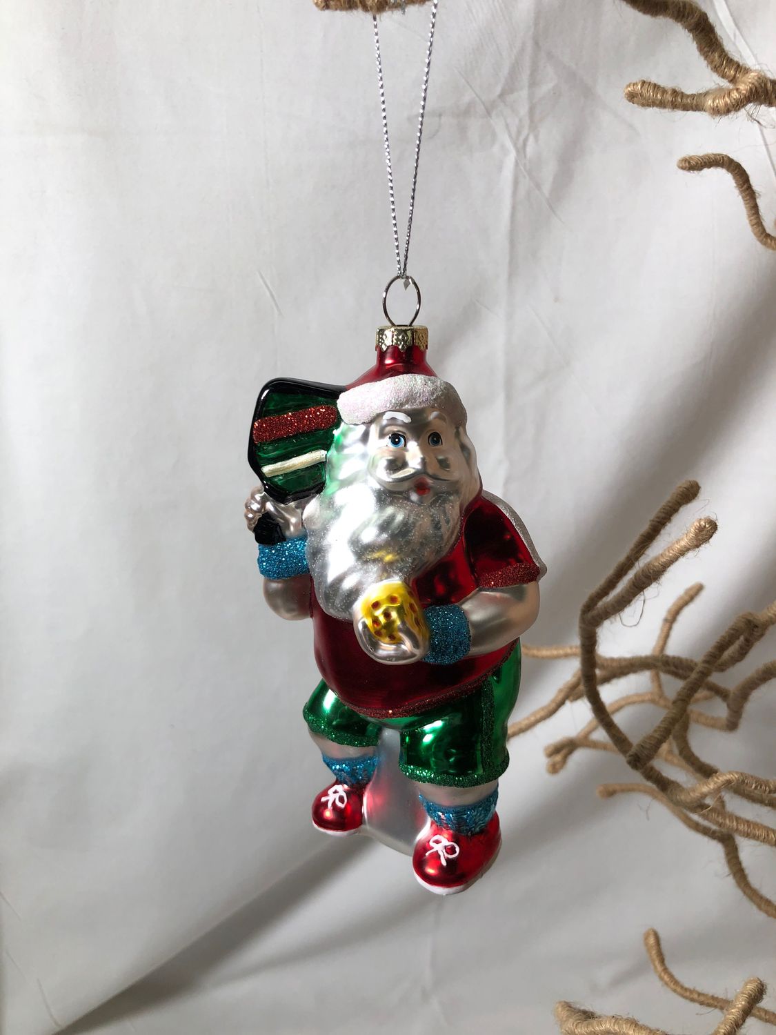 Glass Pickle Ball Santa Ornament