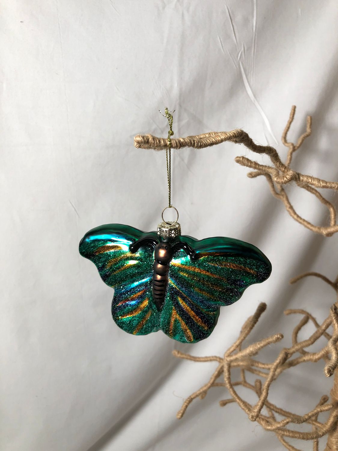 Glass Gold &amp; Green Butterfly Ornament