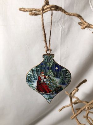 Vintage Metal Teardrop Ornament - Santa Winter Forest