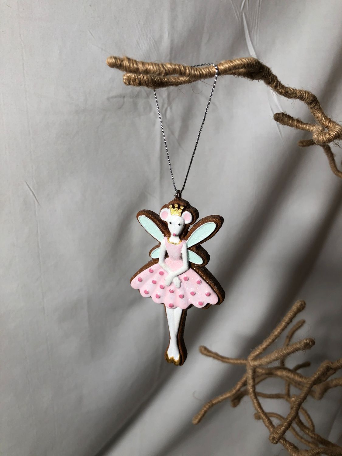 Gingerbread Mouse Fairy Ornament - Pink
