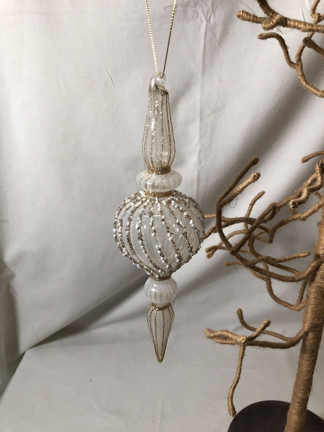 Glass White &amp; Gold Finial Ornament II