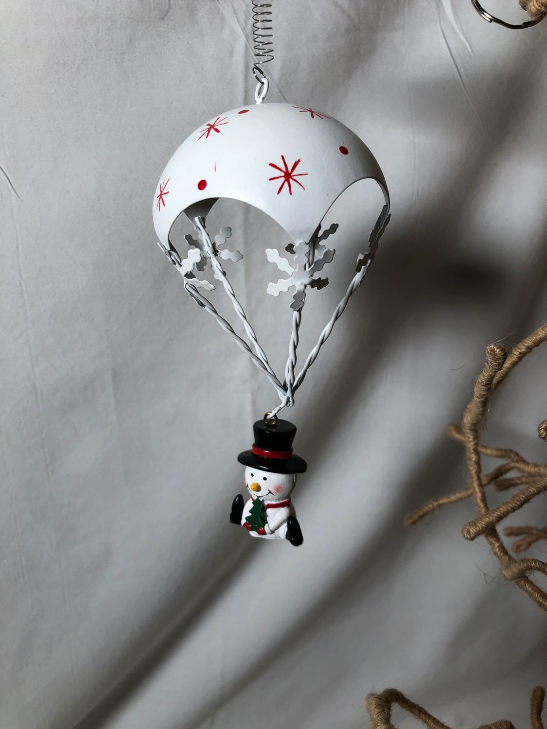 Metal Parachute Ornament White Snowman