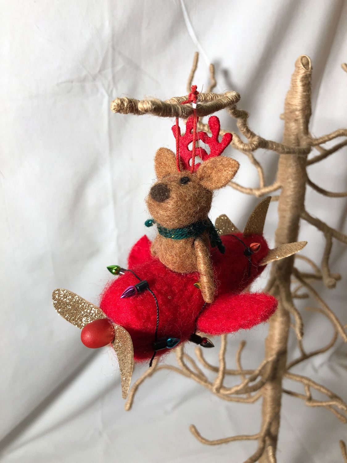 Felt Red Airplane w/Reindeer Ornament