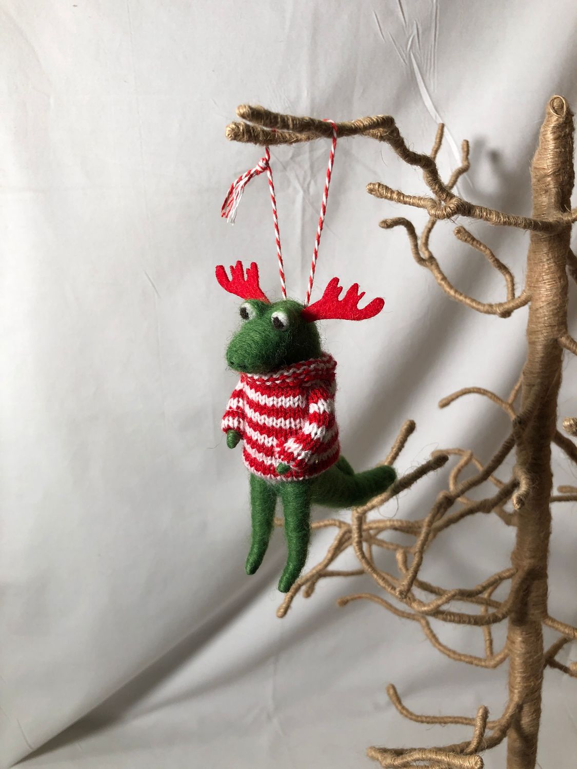 Felt Green Reindeer Dino in Stripped Sweater Ornament