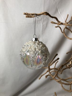 Clear Silver Beaded Glass Ball Ornament