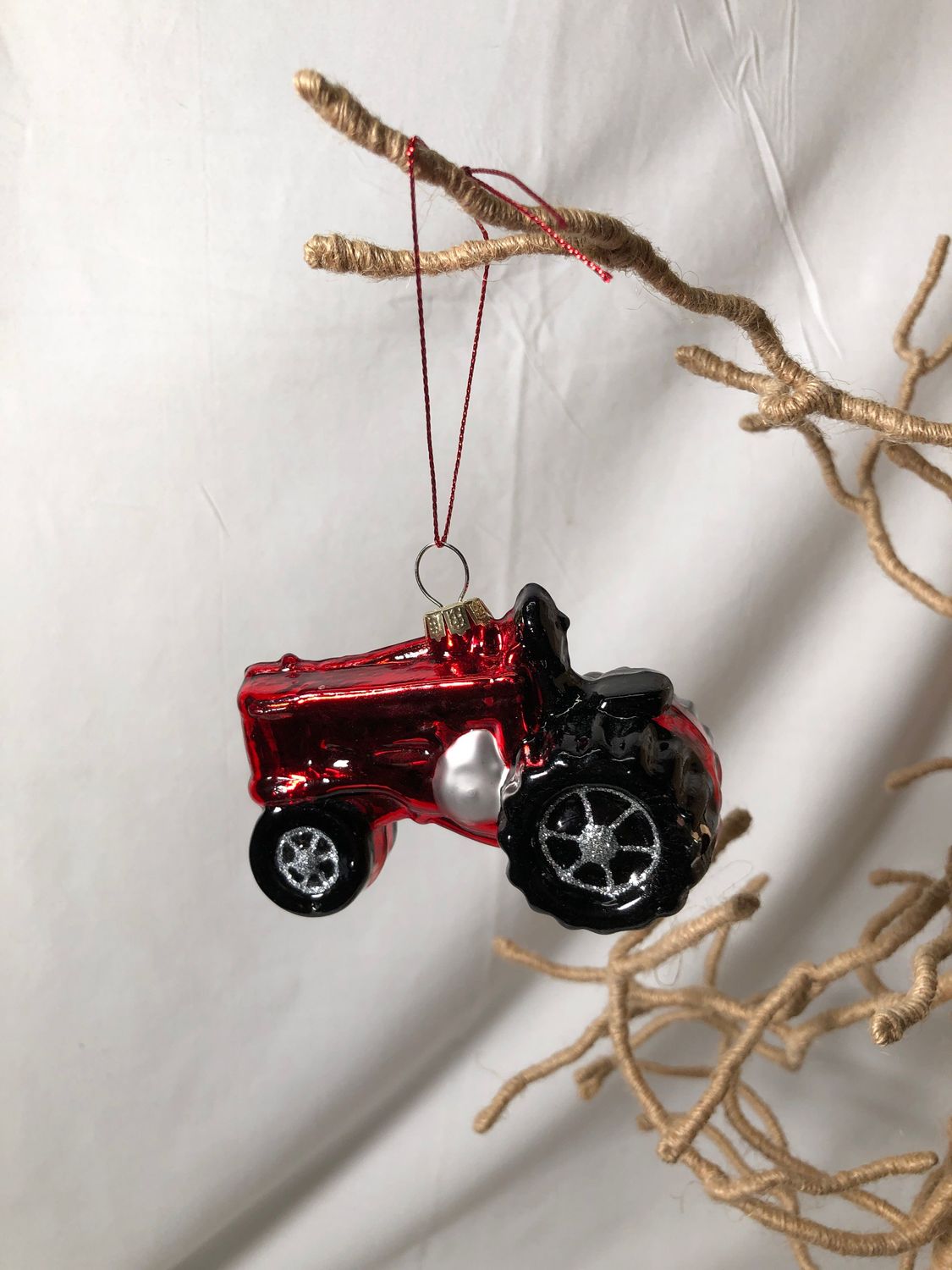 Glass Red Glitter Tractor Ornament