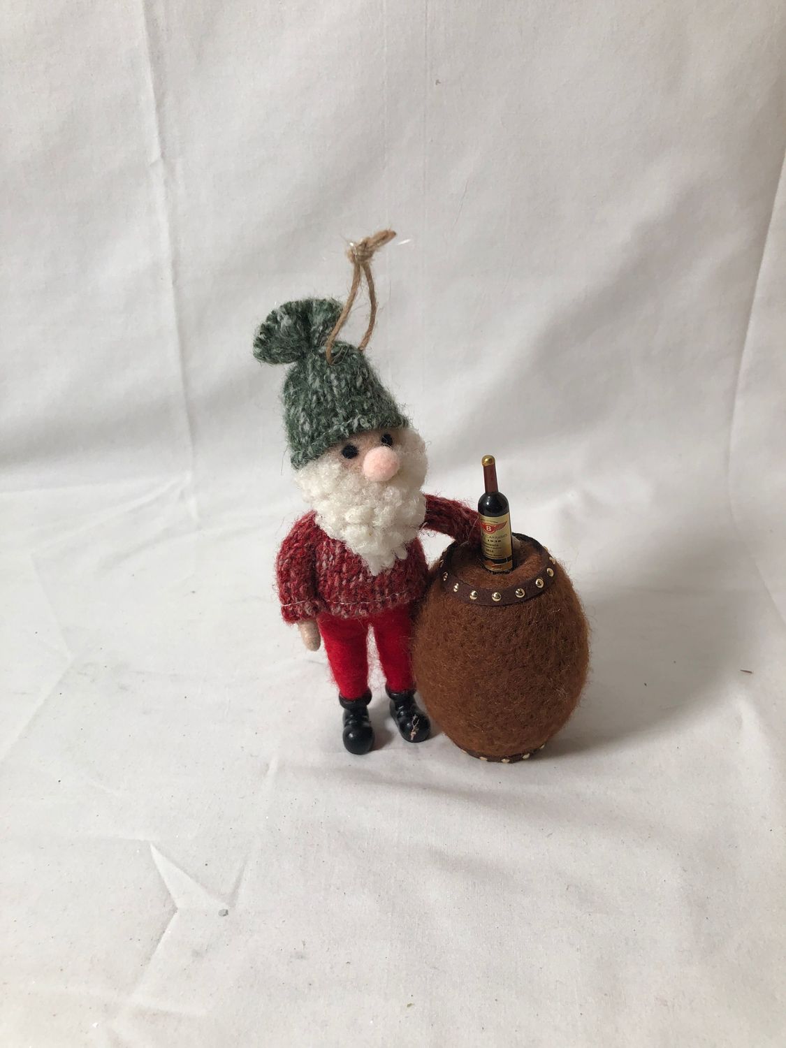 Santa w/Bottle of Wine and Barrel Ornament