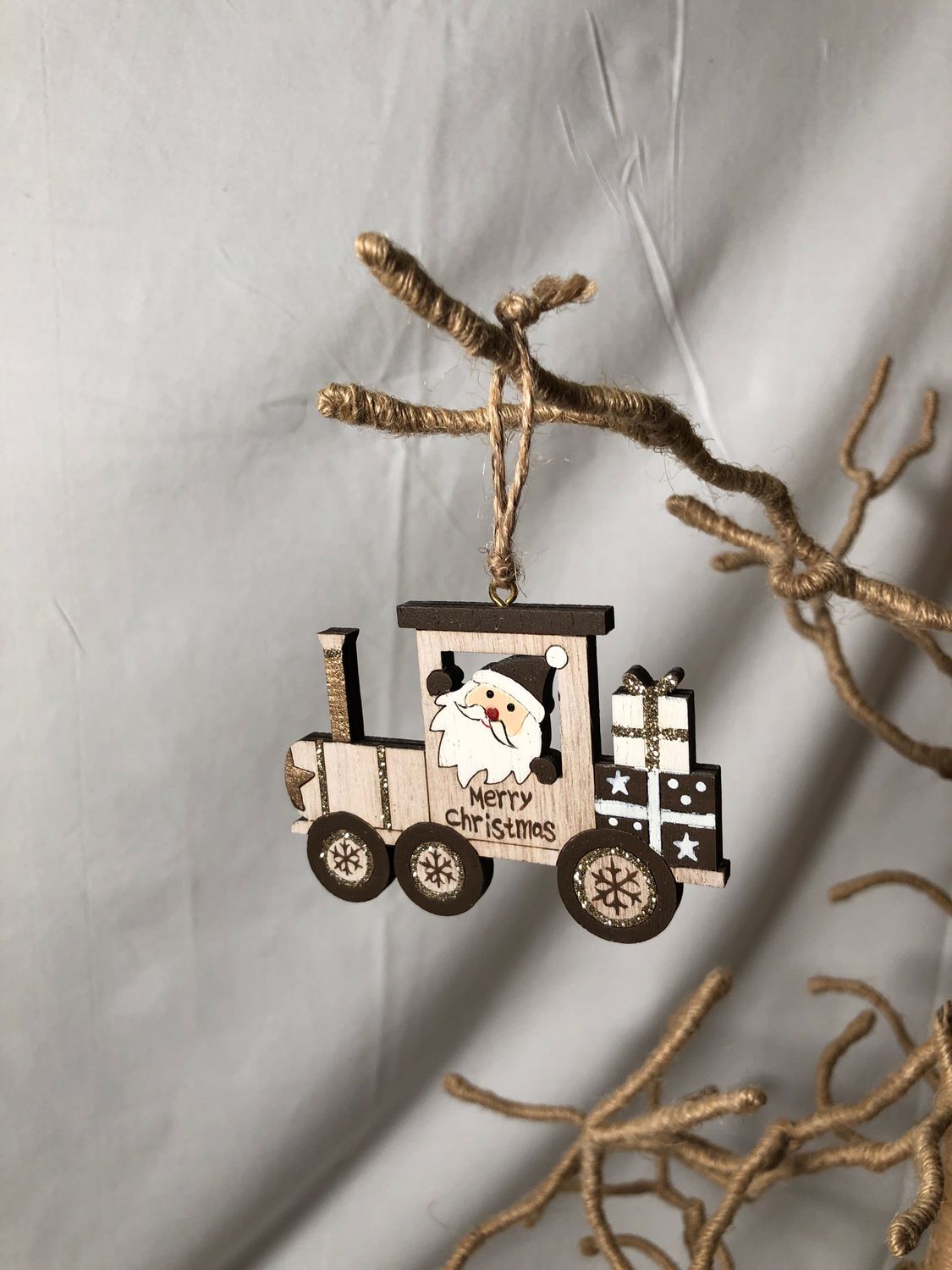 Wooden Santa in Natural Train Ornament