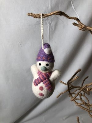 Felt Snowman w/Pink and Purple Scarf Ornament