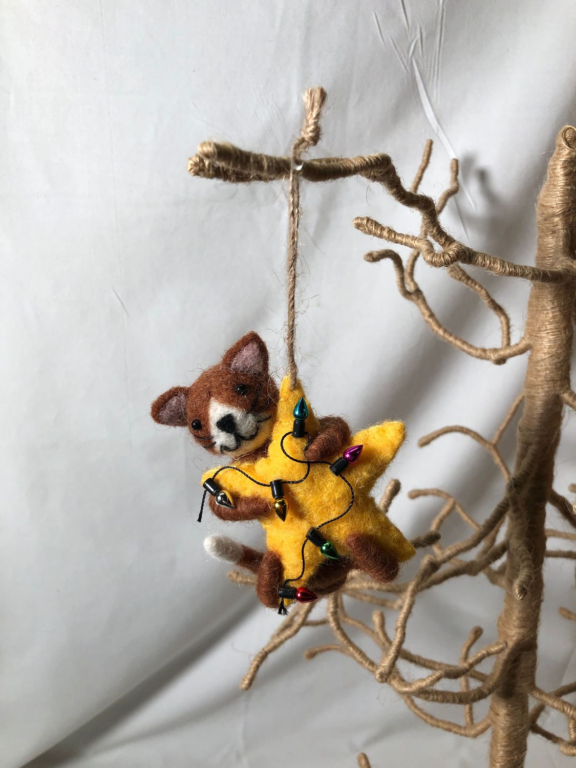 Felt Brown Cat w/Yellow Star &amp; Lights Ornament