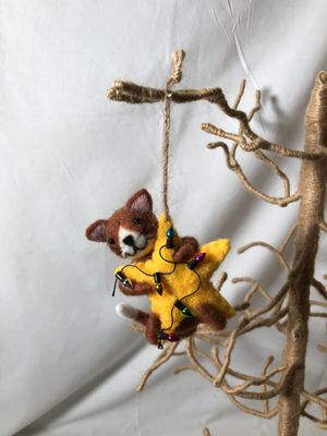 Felt Brown Cat w/Yellow Star &amp; Lights Ornament