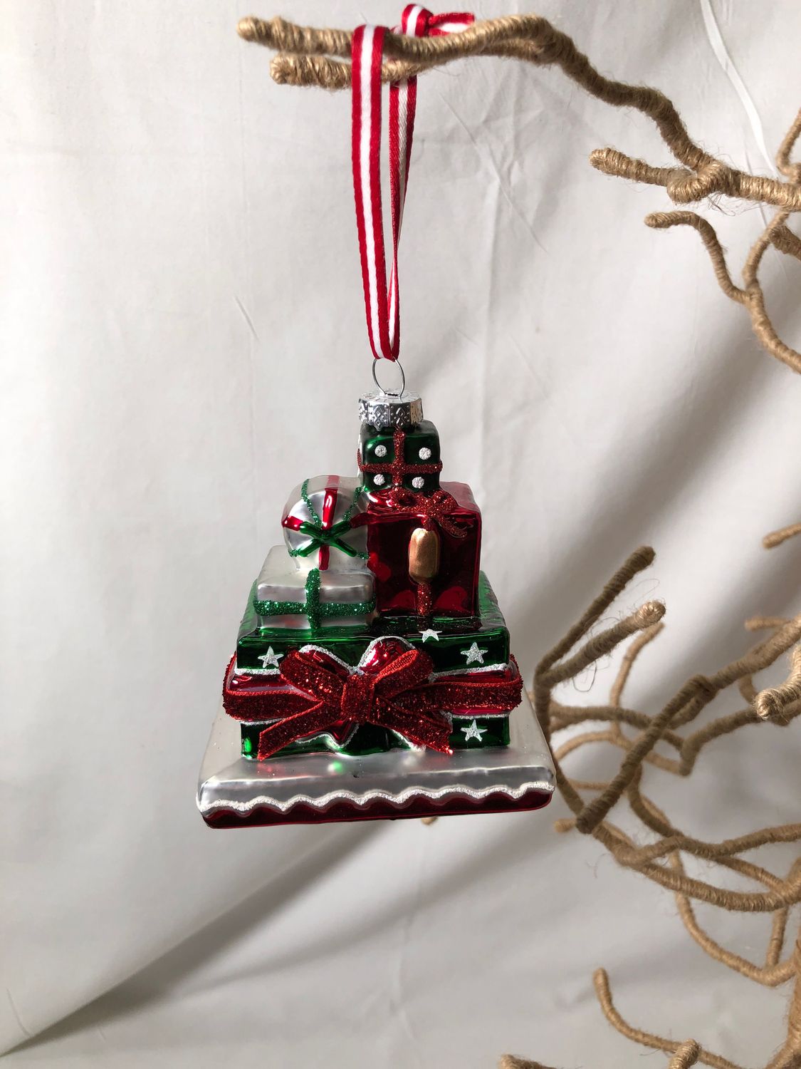 Glass Red & Green Gift Stack Ornament Glass Red & Green Gift Stack Ornament