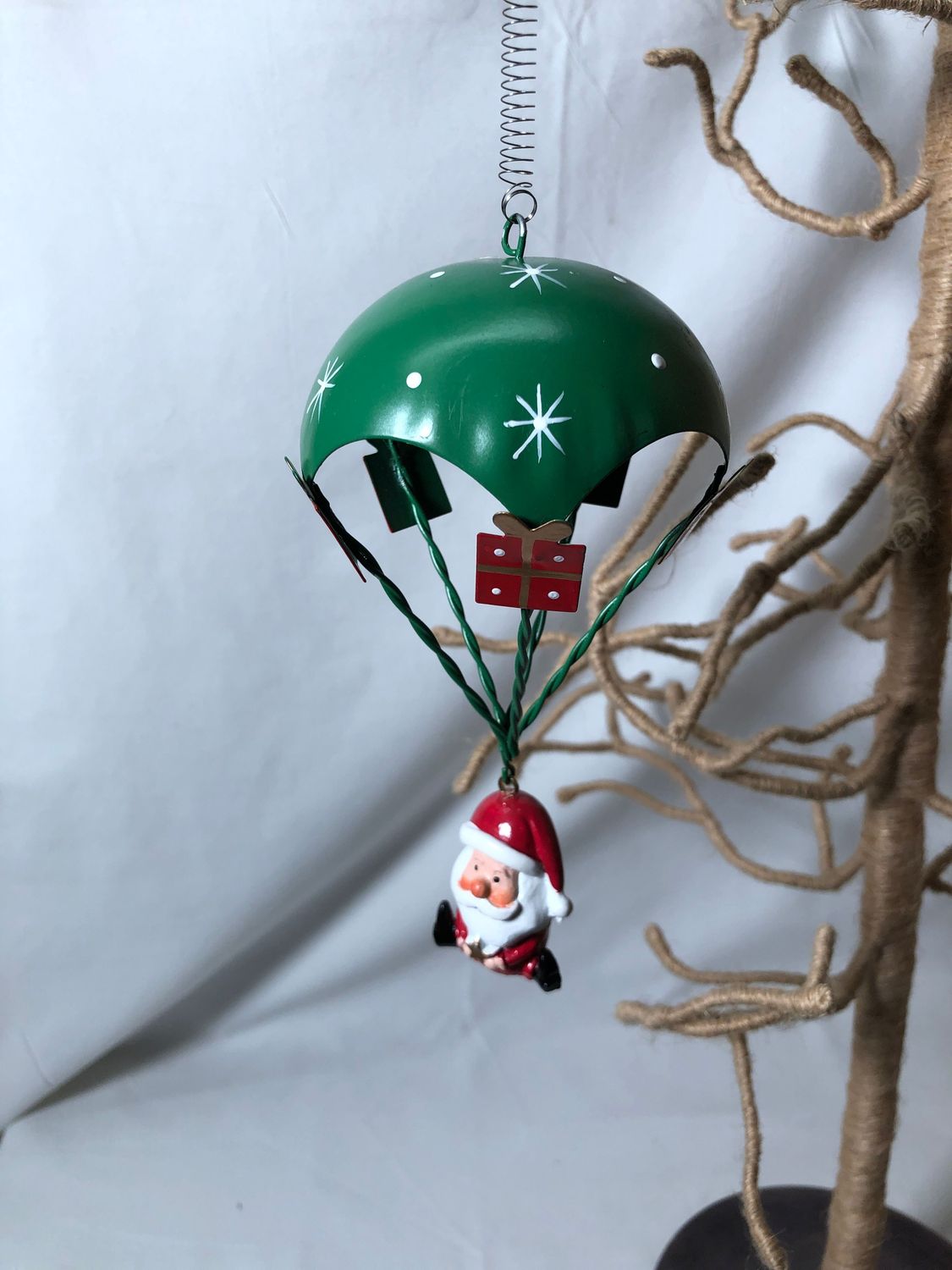 Metal Parachute Ornament Green Santa