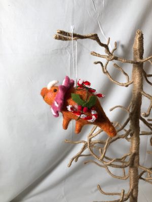 Felt Orange Dino Ornament w/Candy Cane