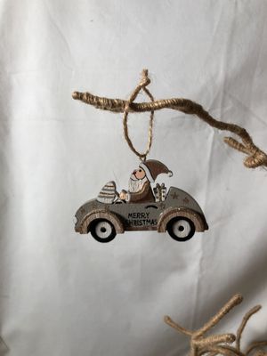 Wooden Santa in Gray Car Ornament