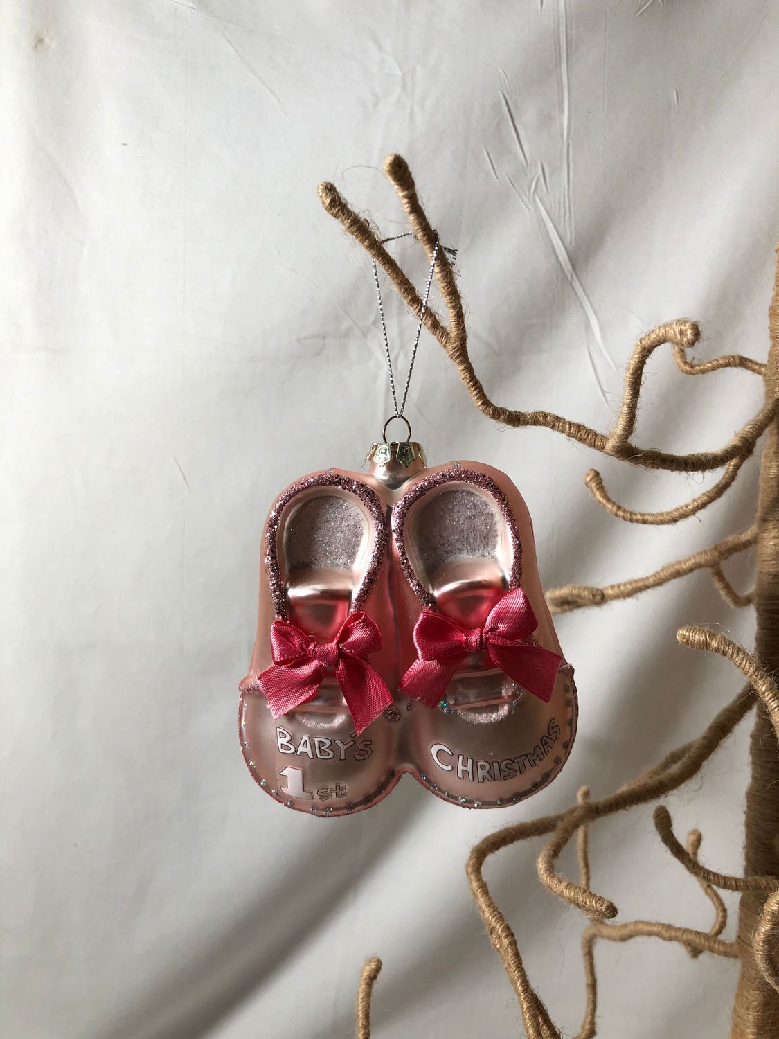 Glass Baby Bootie Ornament - Pink