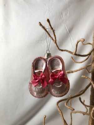 Glass Baby Bootie Ornament - Pink