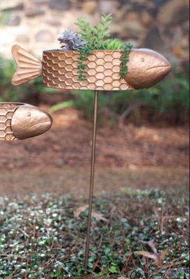 Metal Fish Planter Yard Stake w/Copper Finish - Lg