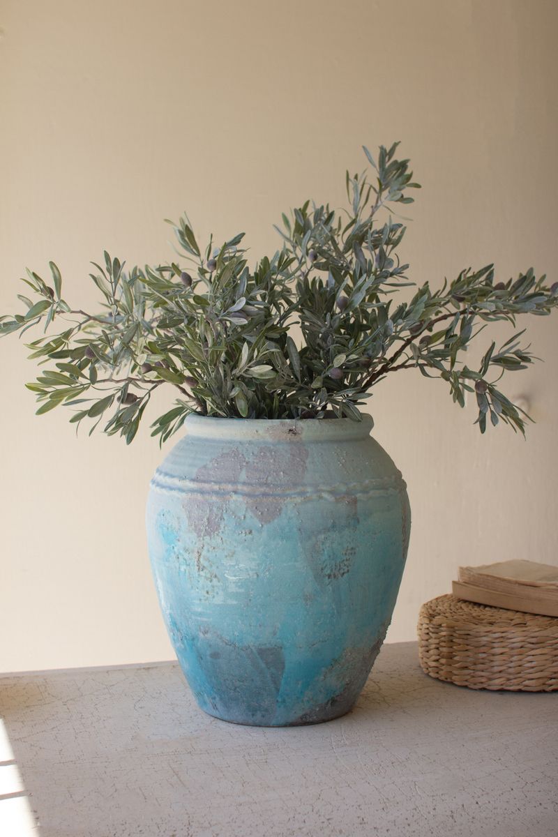 Large Antique Blue Ceramic Urn w/Wavy Detail