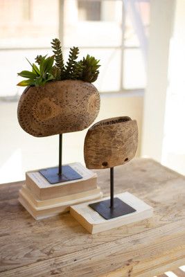 Repurposed Wooden Cow Bell Planter on Iron Stand - Lg
