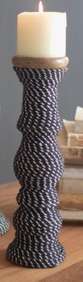 Wooden Candle Holder Wrapped w/Black &amp; White String - Sm
