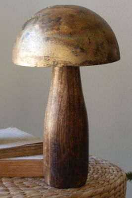 Antique Brass Mushroom w/Wooden Base - Med