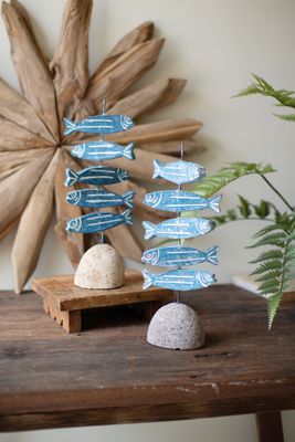 Painted Clay and River Rock Sardine Sculpture