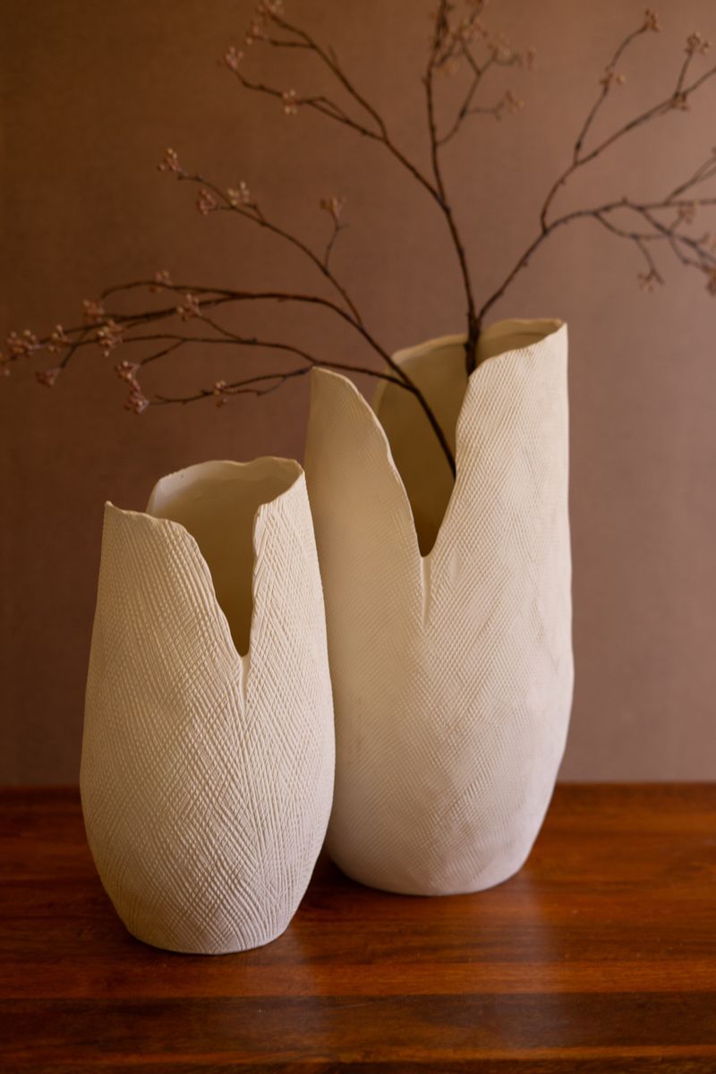 Tall White Textured Flower Vase - Large Tall White Textured Flower Vase - Large