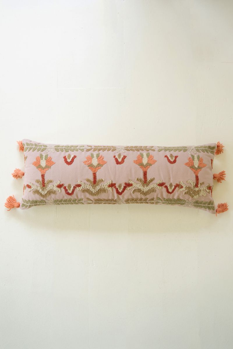 Coral Embroidered Lumbar Pillow w/Tassels