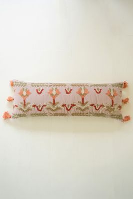 Coral Embroidered Lumbar Pillow w/Tassels