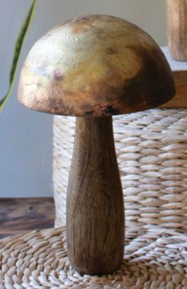Antique Brass Mushroom w/Wooden Base - Sm