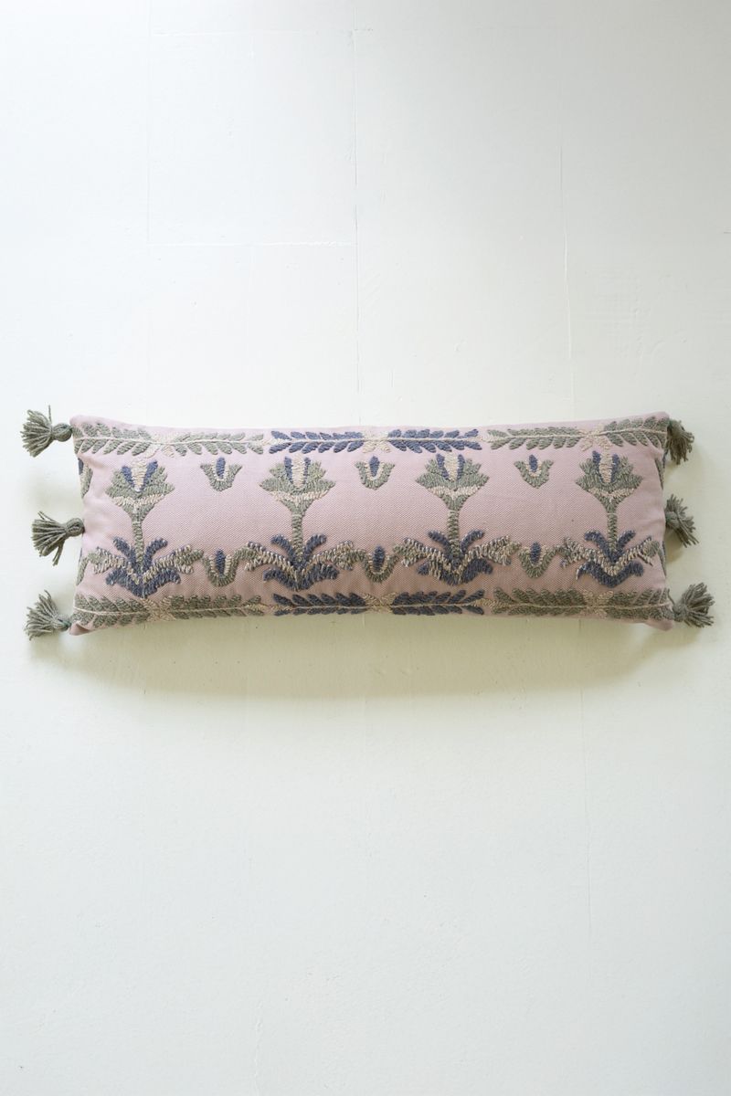 Blue Embroidered Lumbar Pillow w/Tassels