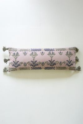 Blue Embroidered Lumbar Pillow w/Tassels