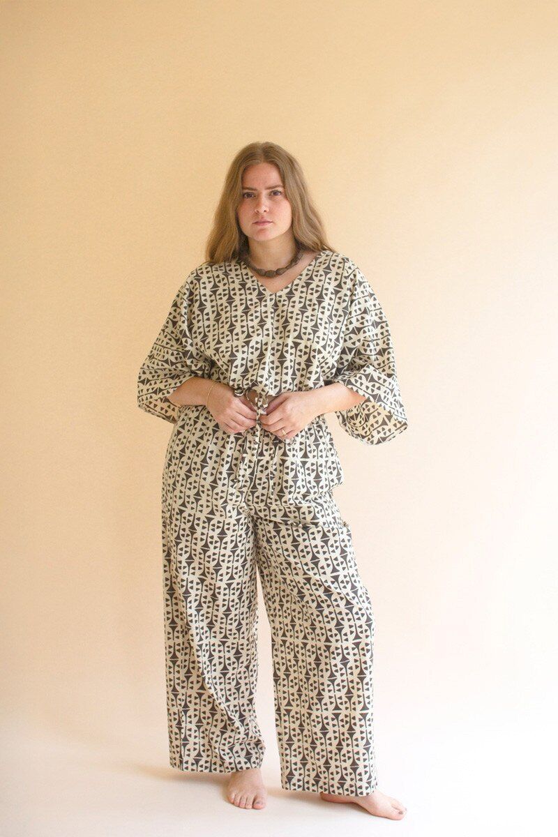 Printed V-Neck Blouse and Drawstring Pant Set Printed V-Neck Blouse and Drawstring Pant Set
