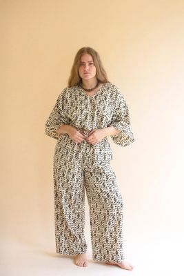 Printed V-Neck Blouse and Drawstring Pant Set