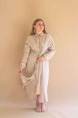 Long-Sleeve Button-Front Dress w/Front-Tie Detail / Oatmeal