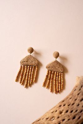 Raffia and Mango Wood Beaded Earrings