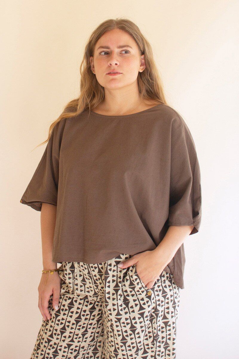 Short-Sleeve Blouse w/Button Detail on Sleeves / Oregano