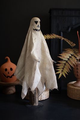 Tall Painted Burlap Ghost on a Wood Base Tall Painted Burlap Ghost on a Wood Base