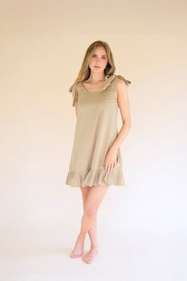 Tie-Shoulder Dress w/Pleated Hem / Oatmeal