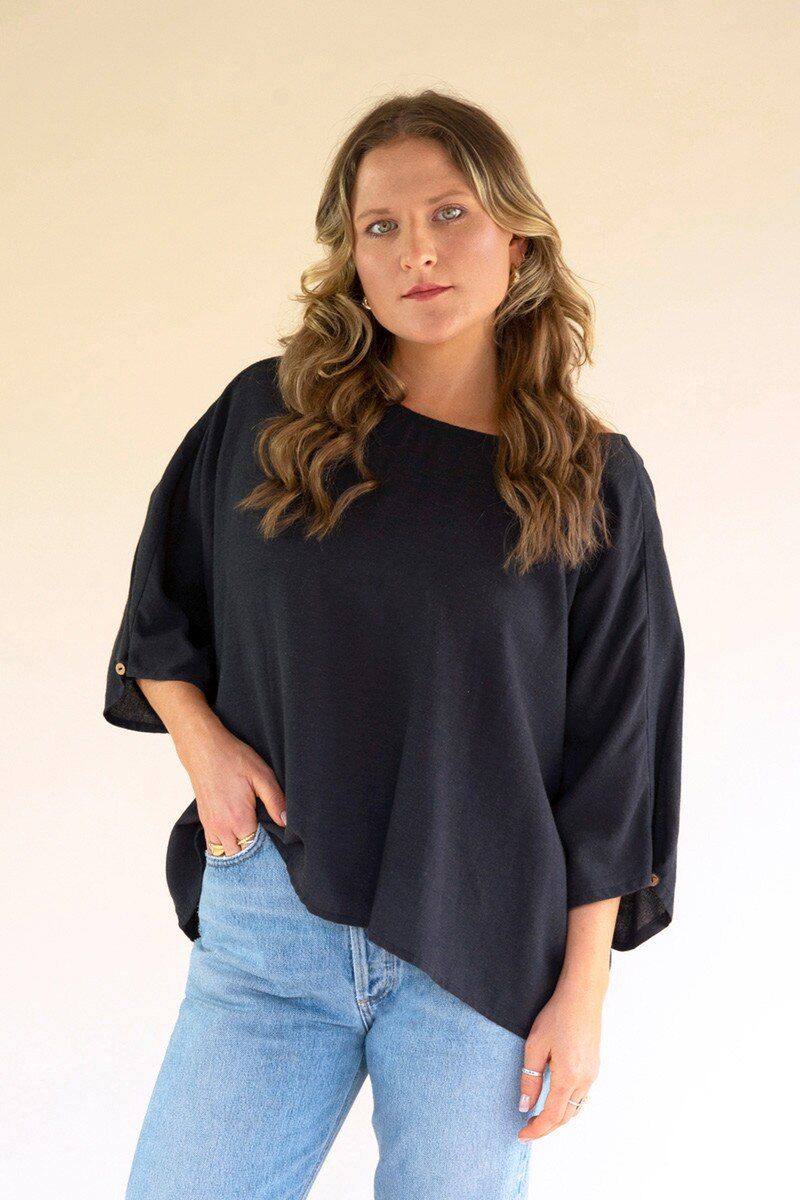 Short-Sleeve Blouse w/Button Detail on Sleeves / Midnight