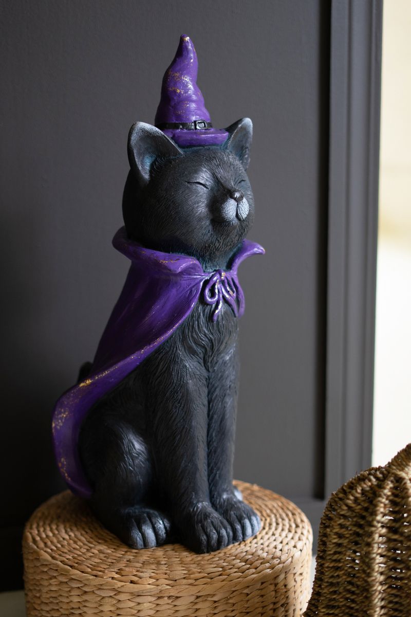 Painted Resin Black Cat w/Purple Hat Painted Resin Black Cat w/Purple Hat