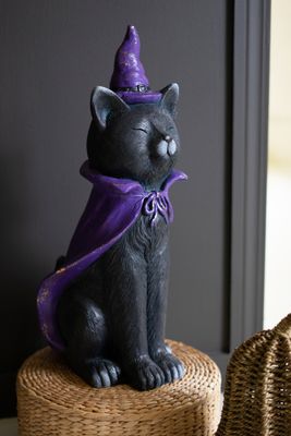 Painted Resin Black Cat w/Purple Hat Painted Resin Black Cat w/Purple Hat