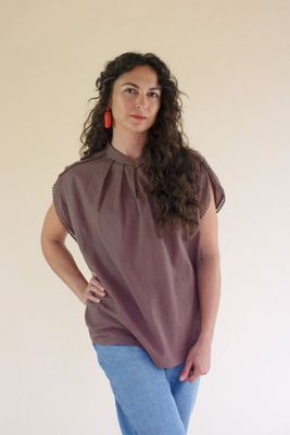 High-Neck Shortsleeve Blouse w/Flat Pom-Pom Lace Detail / Mulberry