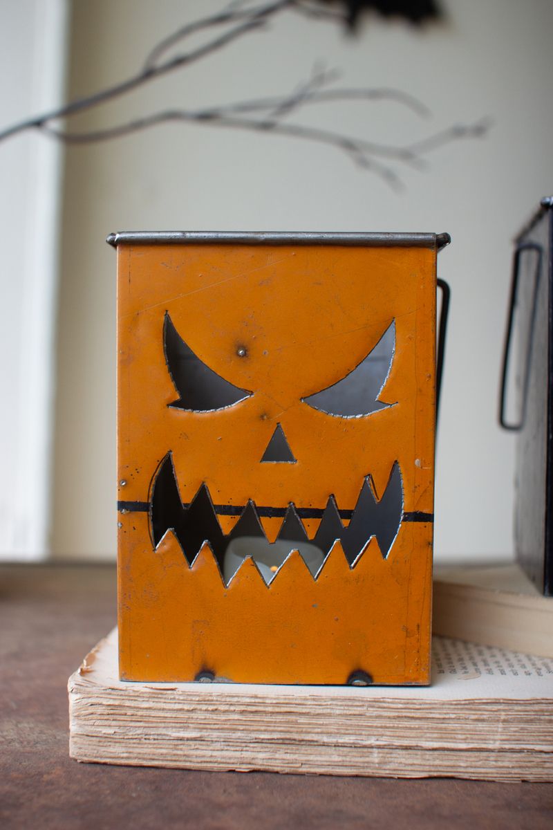 Recycled Metal Halloween Lantern - Orange