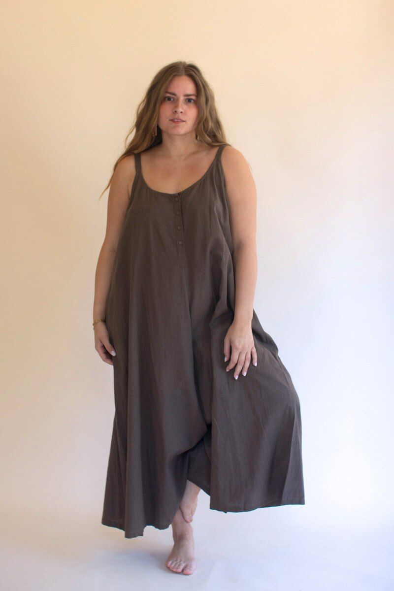 Adjustable Strap Flowy Jumper w/Button Detail / Oregano