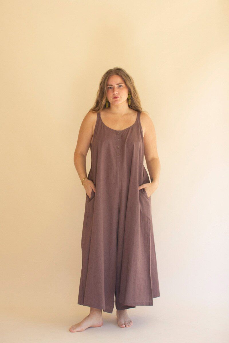Adjustable Strap Flowy Jumper w/Button Detail / Mulberry