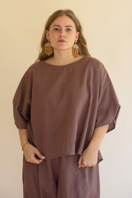 Short-Sleeve Blouse w/Button Detail on Sleeves / Mulberry