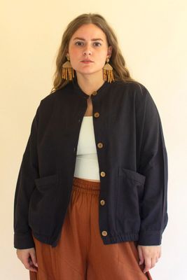 Lightweight Button-Front Bomber Jacket w/Front Pockets / Midnight