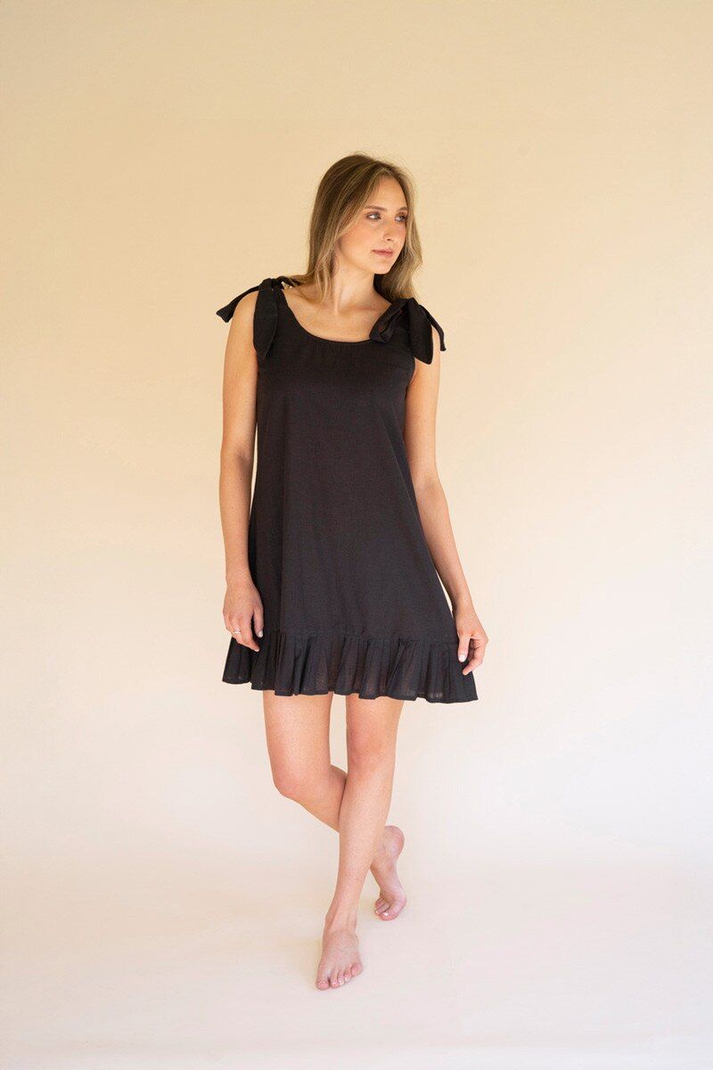 Tie-Shoulder Dress w/Pleated Hem / Midnight